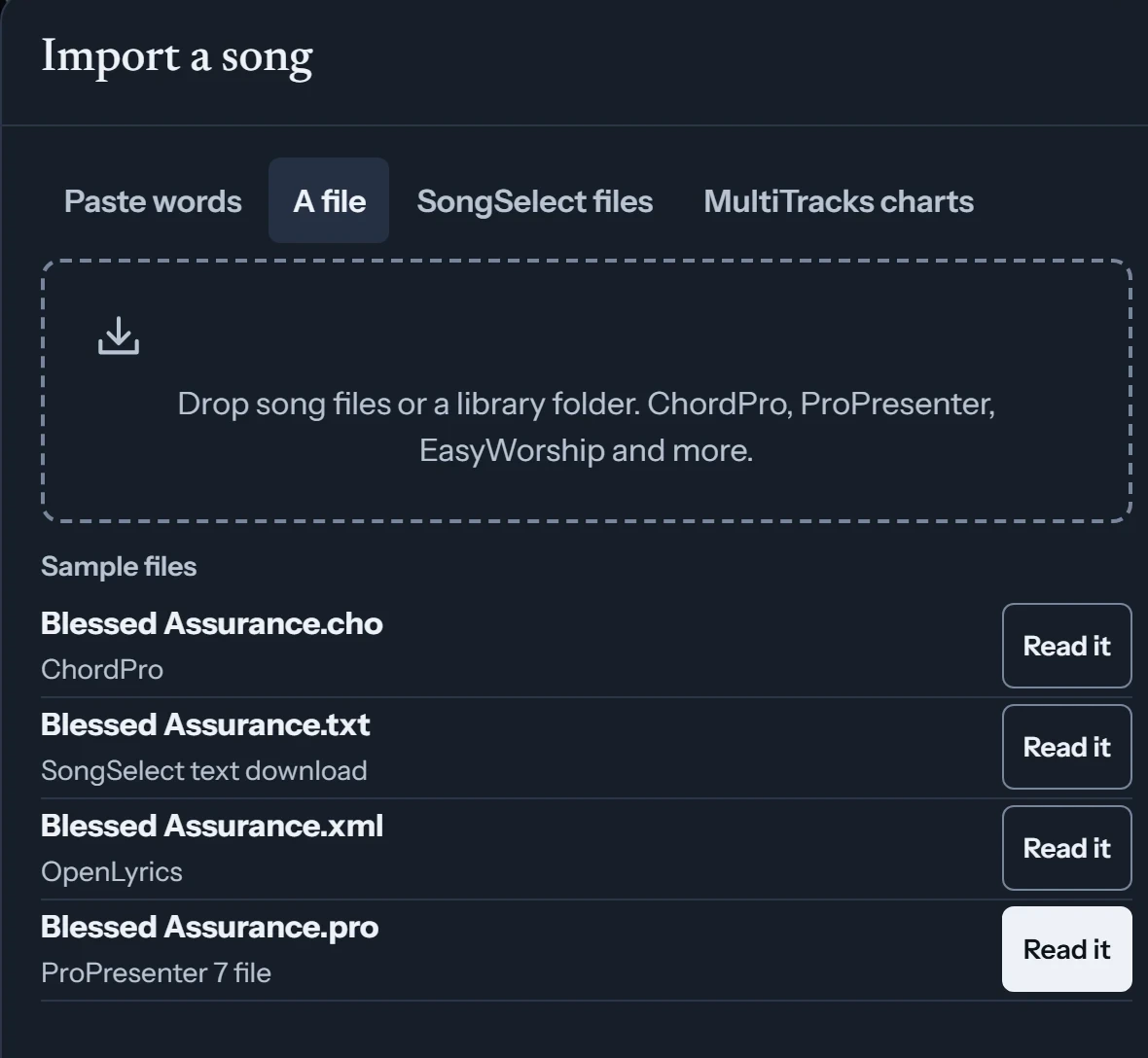 Presenter song import with the file tab selected.