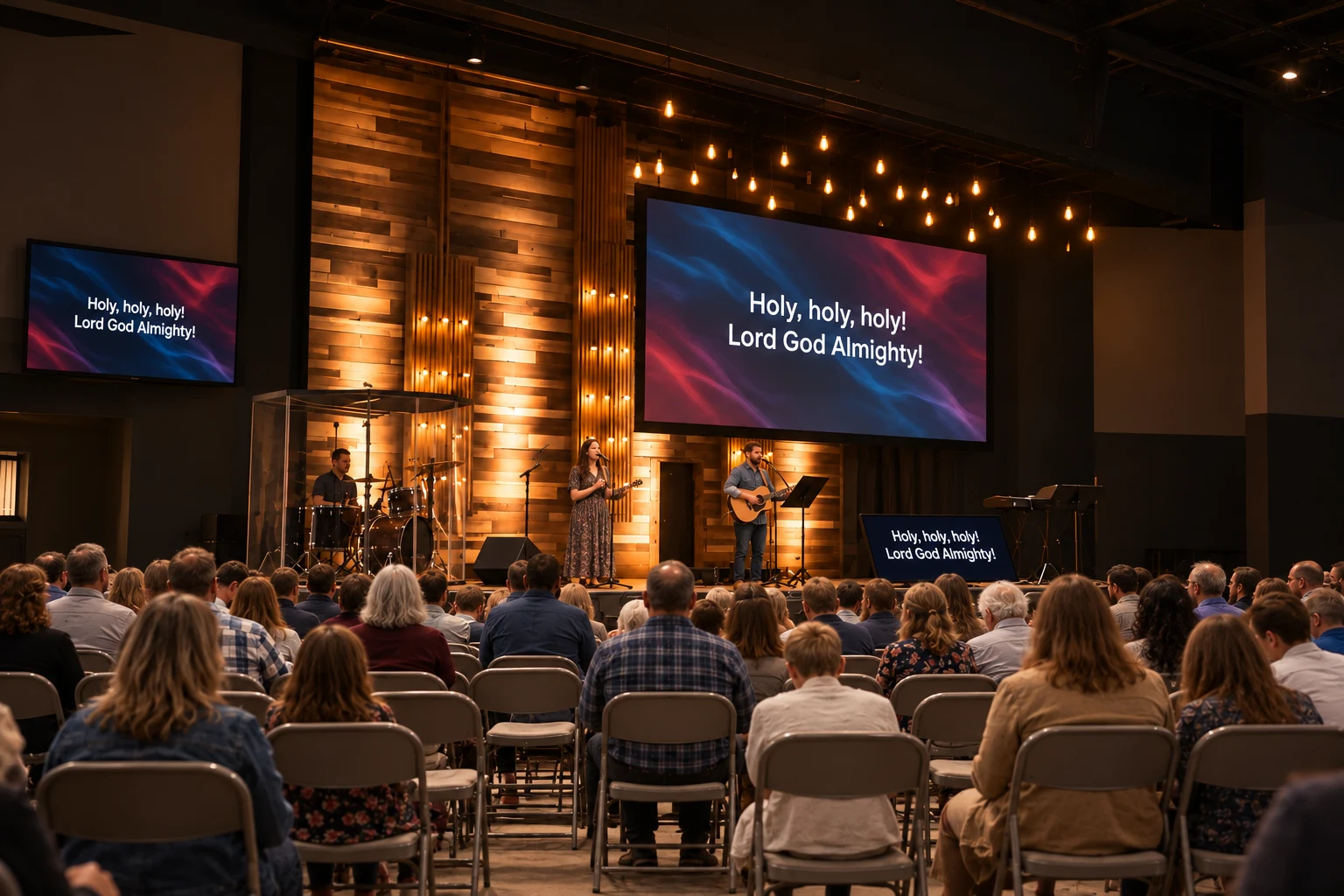 A small contemporary sanctuary with lyrics on the main projection screen and a separate confidence monitor for the worship team. Screen-placement illustration.