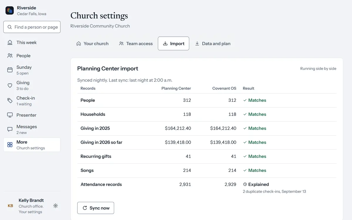 The Planning Center import in cOS: people, households, giving, recurring gifts and songs match, and a difference of two attendance records is explained