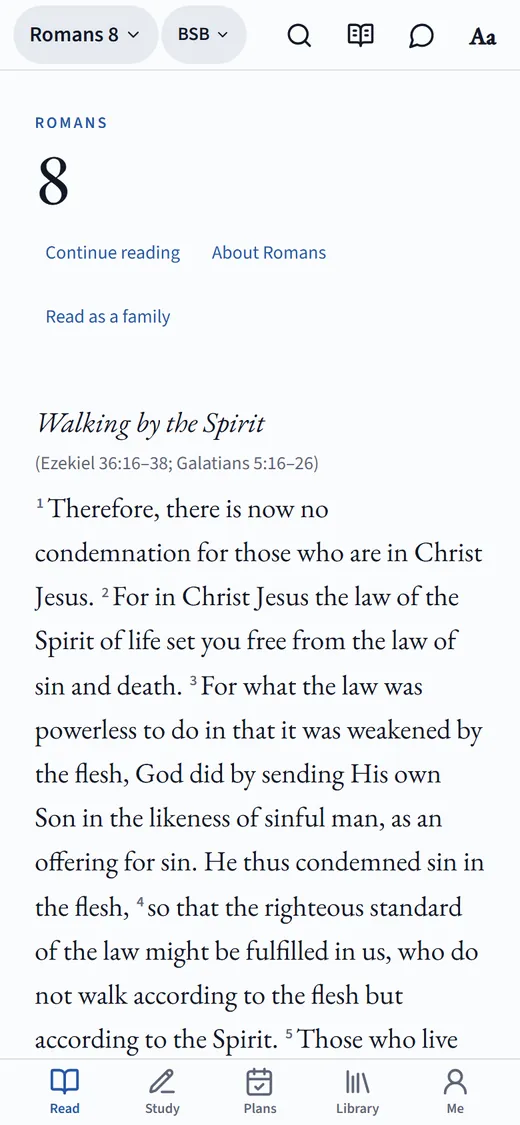 Berean Blue on a phone, open to Romans 8
