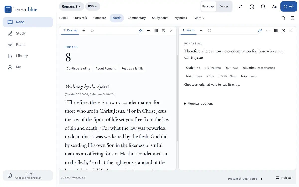 Berean Blue with the Words pane open beside Romans 8:1, listing the Greek words of the verse with their English glosses