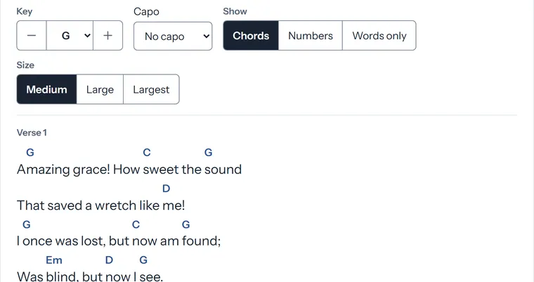 Amazing Grace written in G, verse 1 with chords G, C and D above the words