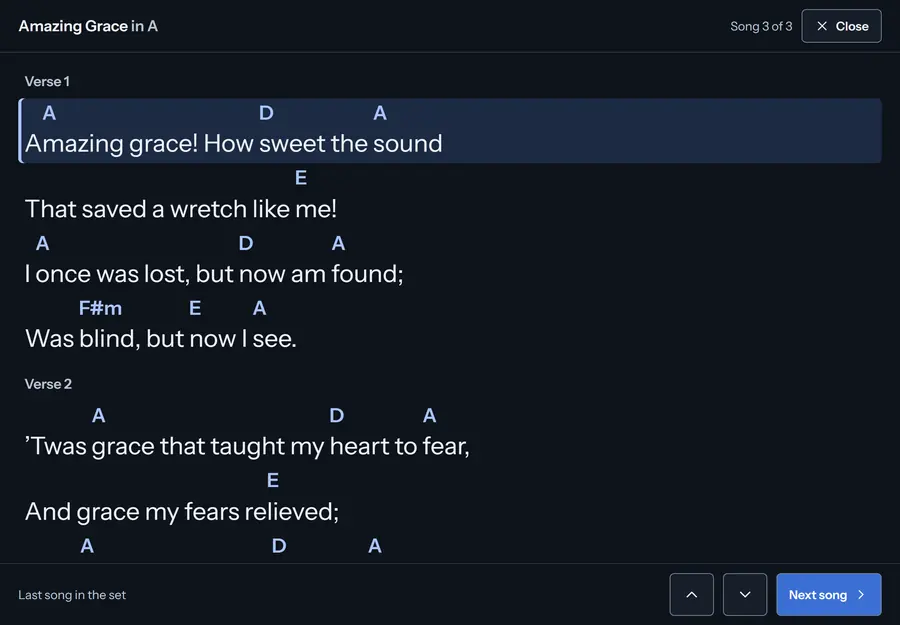 The stage view on a tablet: Amazing Grace in A, song 3 of 3, verse 1 lit with large chords and words