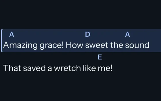 Amazing Grace in A on the stage view, with the chords over each line