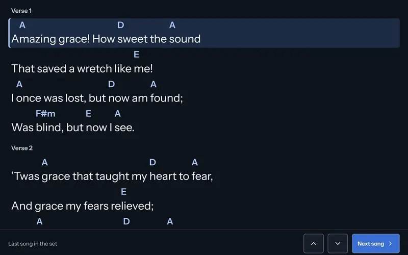 Amazing Grace in A on the stage view, with the chords over each line