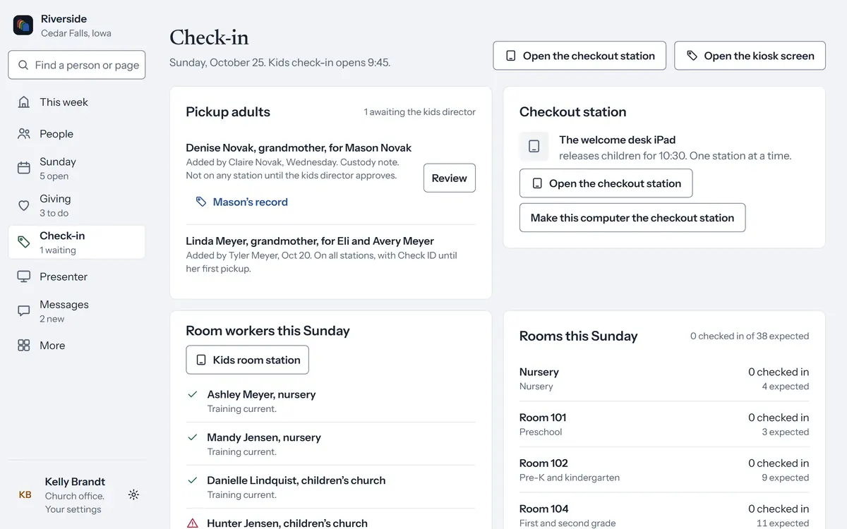 Check-in in cOS for Sunday, October 25: a pickup adult waiting for the kids director, the checkout station, room workers and every room