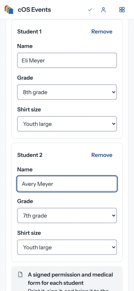Signing up two students for the Youth Fall Retreat: Eli Meyer and Avery Meyer with grade and shirt size