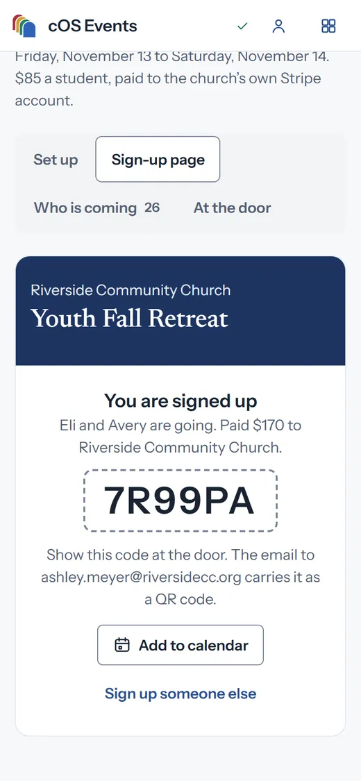 Youth Fall Retreat: you are signed up, Eli and Avery are going, paid $170, with ticket code to show at the door