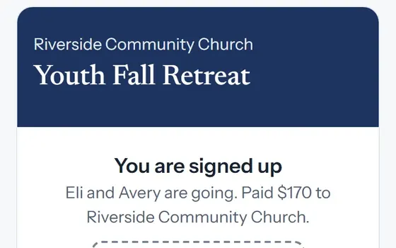 Youth Fall Retreat: you are signed up, Eli and Avery are going, paid $170, with the code to show at the door