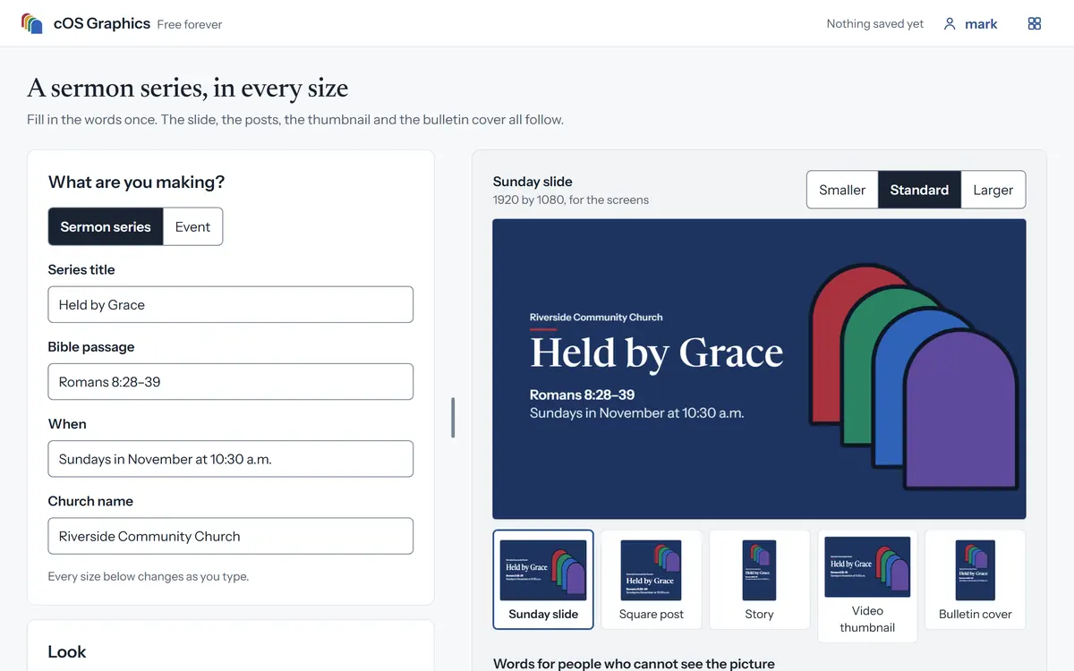 cOS Graphics with Held by Grace filled in, the Sunday slide large and all five sizes below it