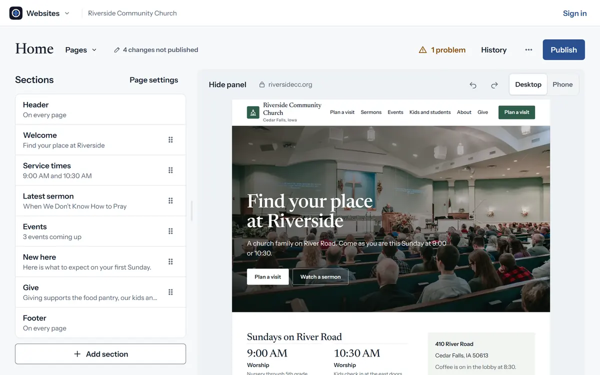 cOS Websites with the Riverside home page open: its sections on the left and the page with Find your place at Riverside and the service times