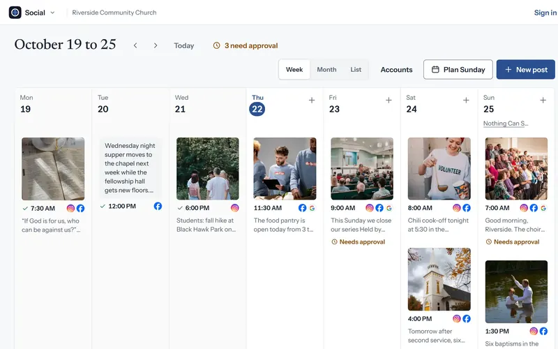 The week of October 19 in cOS Social, with a post scheduled each day and three waiting for approval