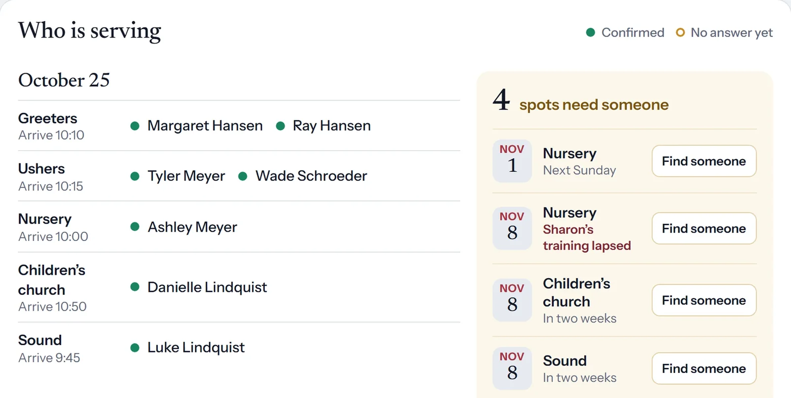 Who is serving at Riverside Community Church on October 25, with four spots that need someone over the next two Sundays