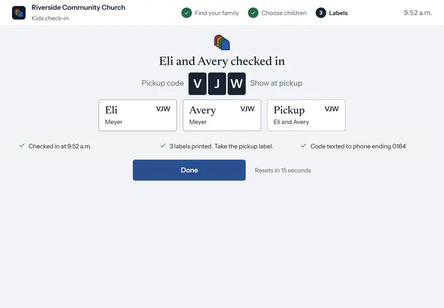 Eli and Avery checked in with pickup code VJW, their two labels and the pickup label printed, and the code texted to the parent