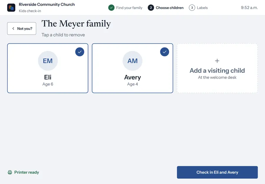 The kiosk showing the Meyer family, with Eli, age 6, and Avery, age 4, both chosen and a button to check them in