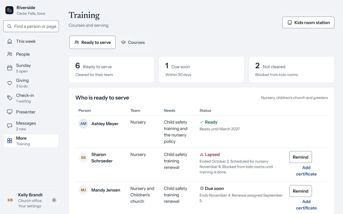 Training in cOS: six ready to serve, one due soon and two not cleared, with Sharon Schroeder’s lapsed child safety training and a reminder button