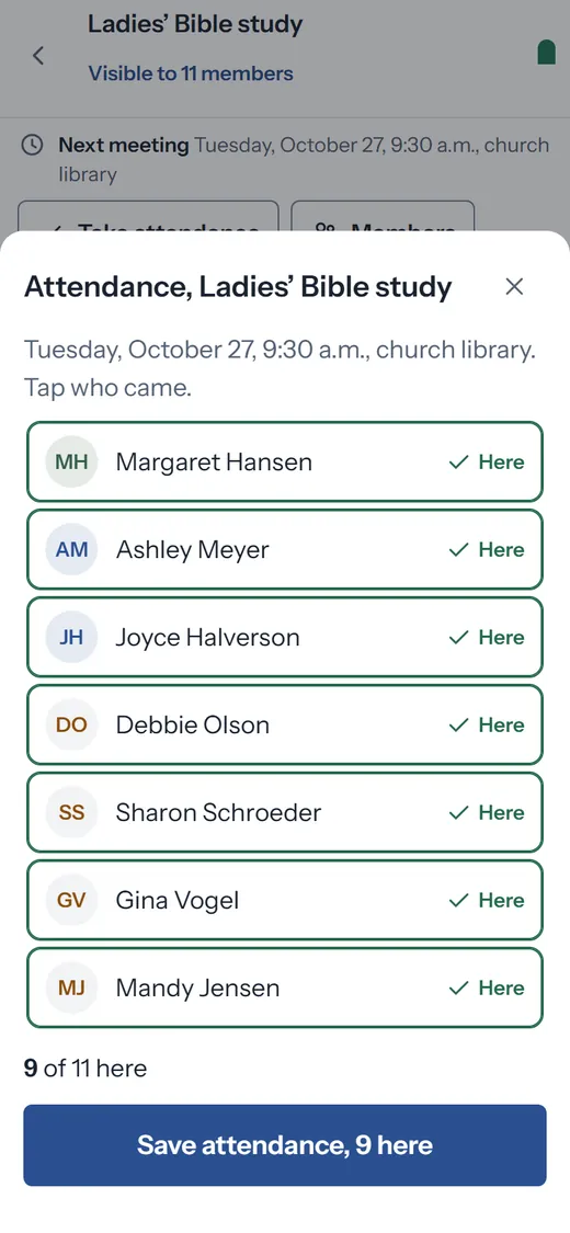 Attendance for Ladies’ Bible study on Tuesday, October 27: nine of eleven marked here and a button to save