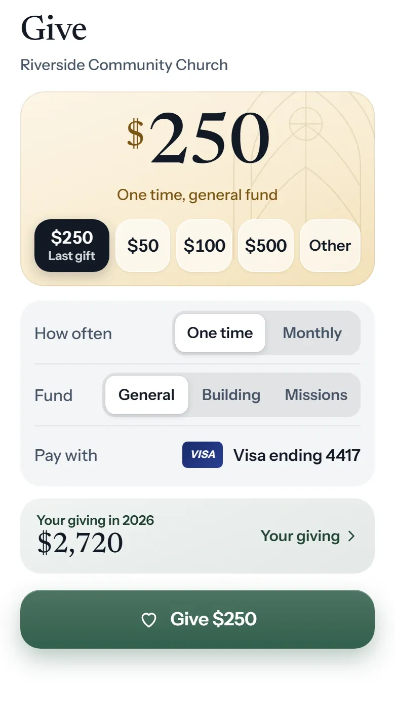 Churchgoer in the Country Chapel colors: a $250 gift to the general fund, one time, from a Visa ending 4417, with the Give $250 button in the church’s pine green
