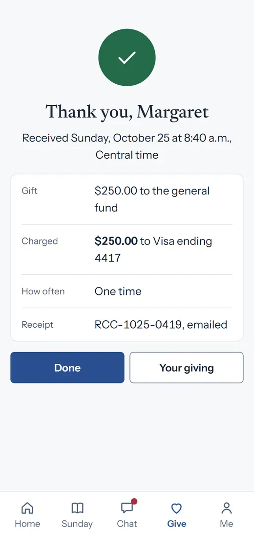 Thank you, Margaret: $250 to the general fund charged to a Visa, with the receipt emailed