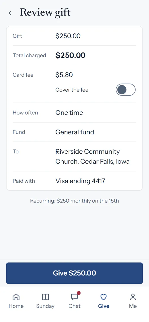 Review gift in Churchgoer: $250 to the general fund, with the $5.80 card fee and a switch to cover it