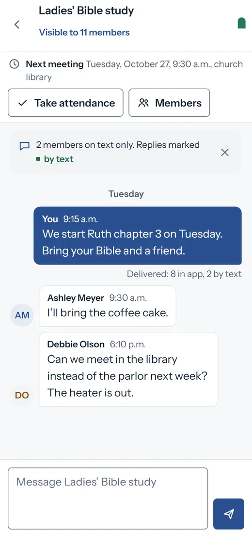 The Ladies’ Bible study group with the next meeting, Take attendance and messages from members