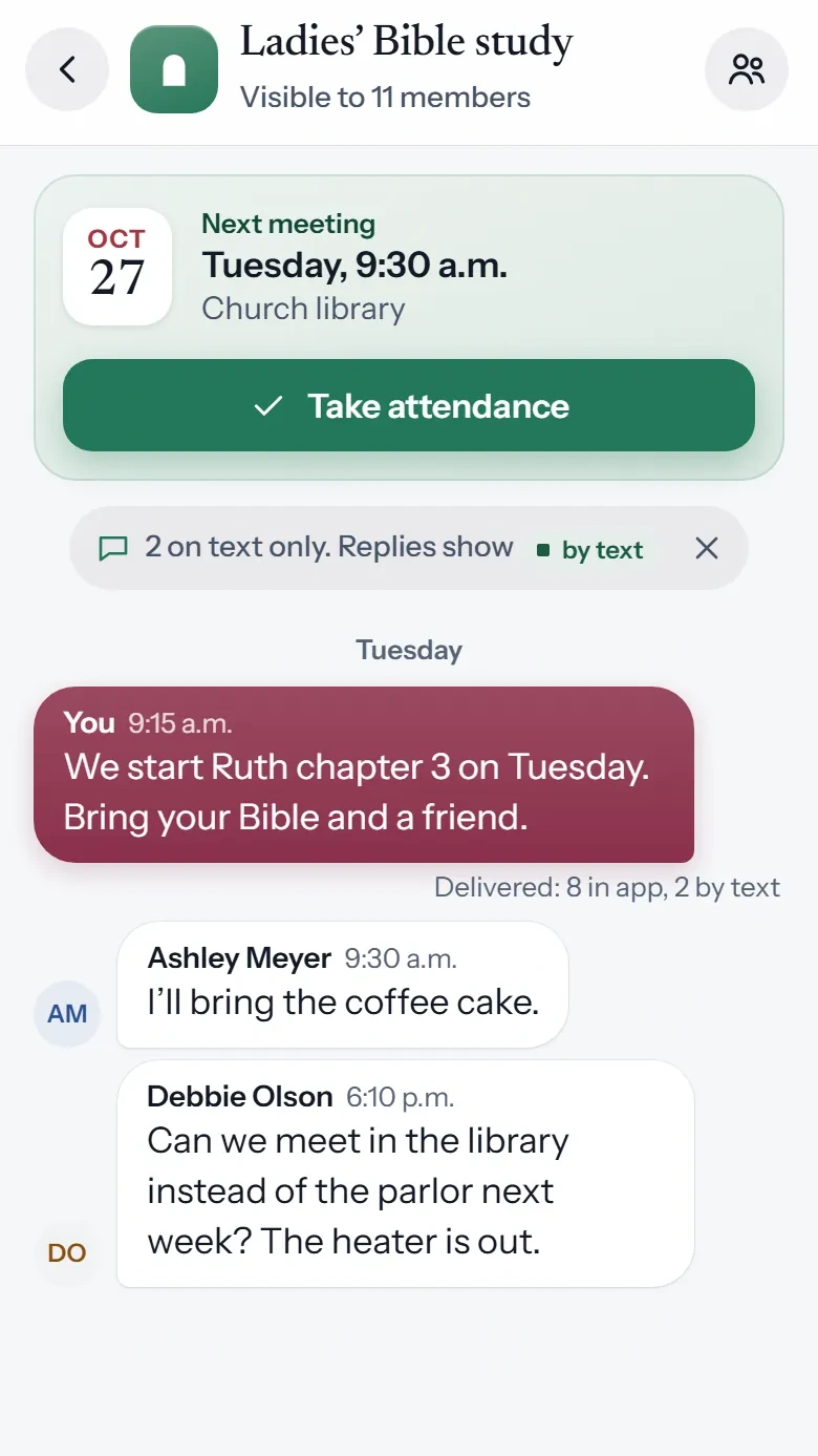 Churchgoer in the Rose Window colors: the Ladies’ Bible study thread, where two members read and reply by text