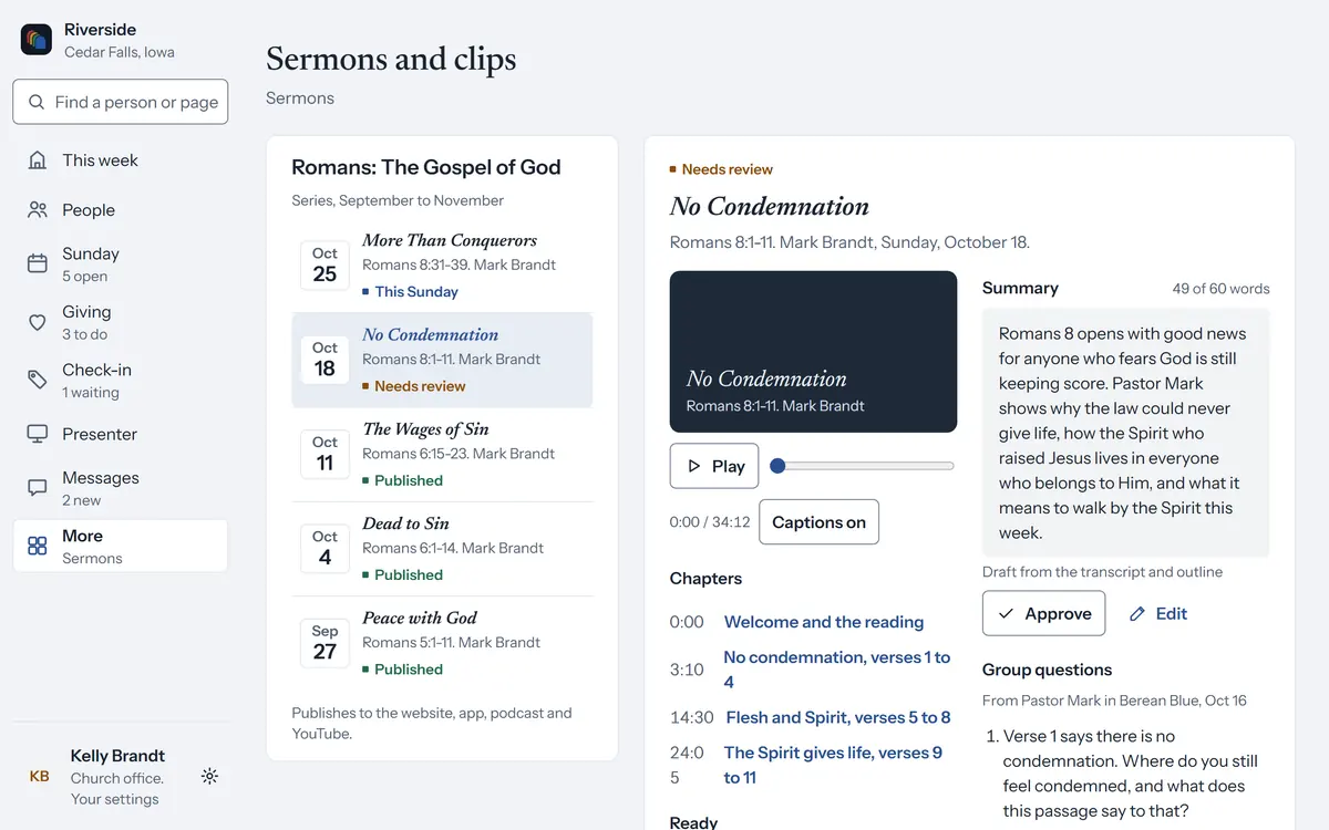 Sermons in cOS with No Condemnation from October 18, its summary, chapters and clips ready to approve