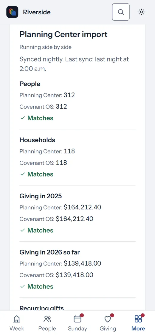 The Planning Center import on a phone: people, households and giving match Planning Center