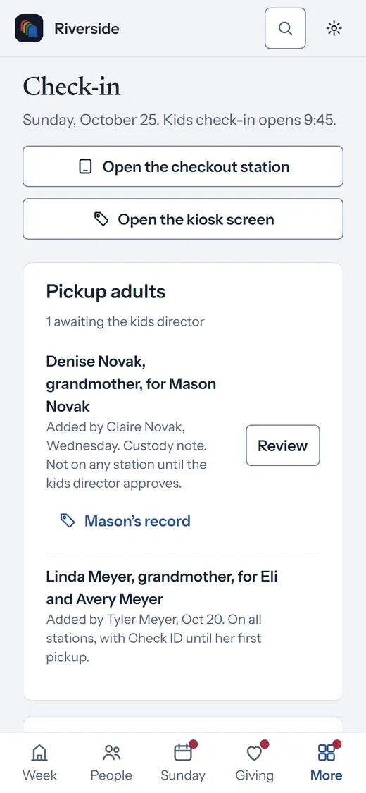 Check-in on a phone: open the checkout station or the kiosk, and a pickup adult waiting for the kids director