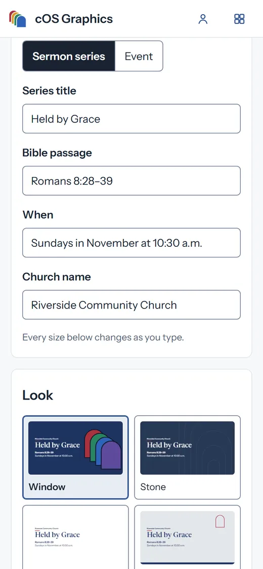 cOS Graphics on a phone: sermon series chosen, with Held by Grace, Romans 8:28 to 39, Sundays in November at 10:30 a.m. and Riverside Community Church filled in