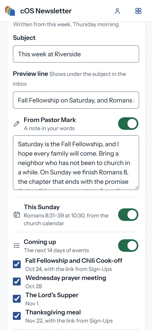 cOS Newsletter on a phone: the draft of This week at Riverside