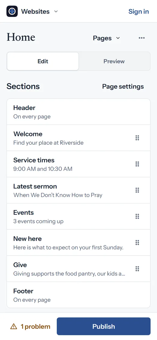 cOS Websites on a phone: the sections of the Riverside home page and a Publish button