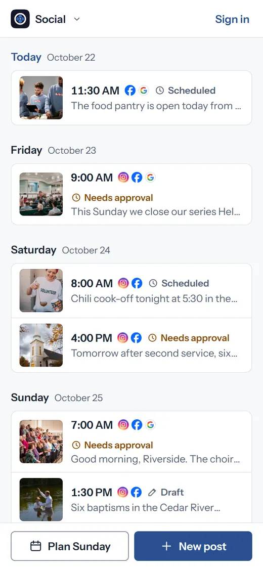 cOS Social on a phone: the week’s posts by day, scheduled or waiting for approval