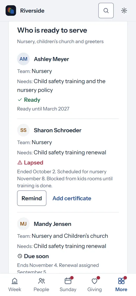 Training in cOS: six ready to serve, one due soon and two not cleared, with Sharon Schroeder’s lapsed child safety training and a reminder button