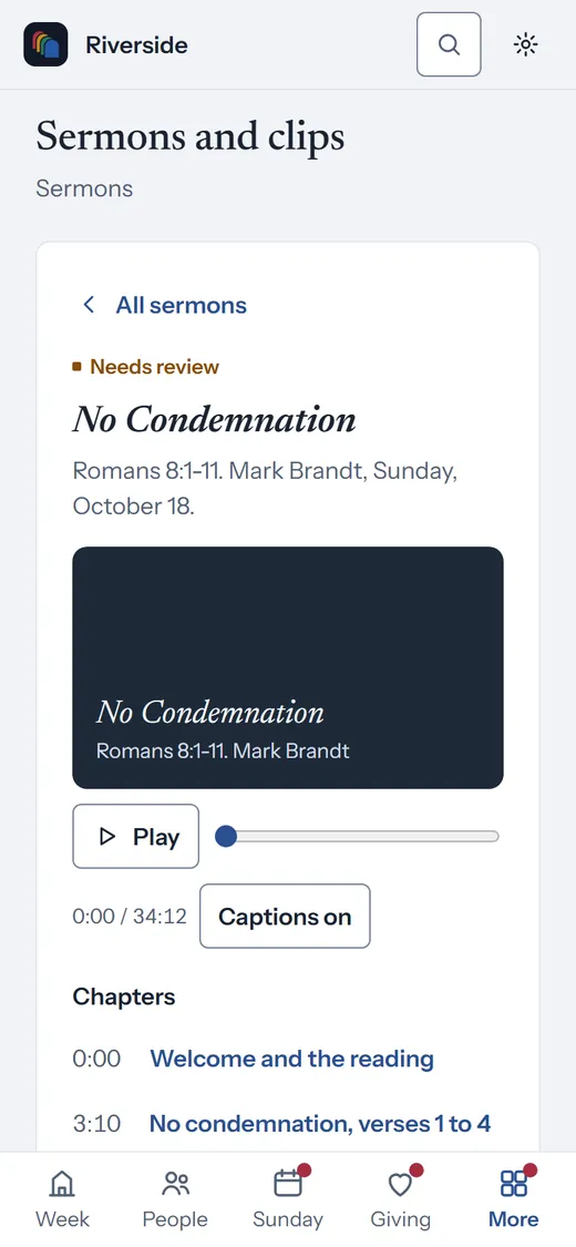 Sermons in cOS with No Condemnation from October 18, its summary, chapters and clips ready to approve