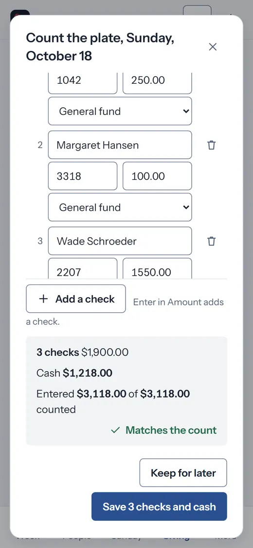 Counting the plate for Sunday, October 18 on a phone: three checks and $1,218 in cash, $3,118 entered of $3,118 counted, and Matches the count