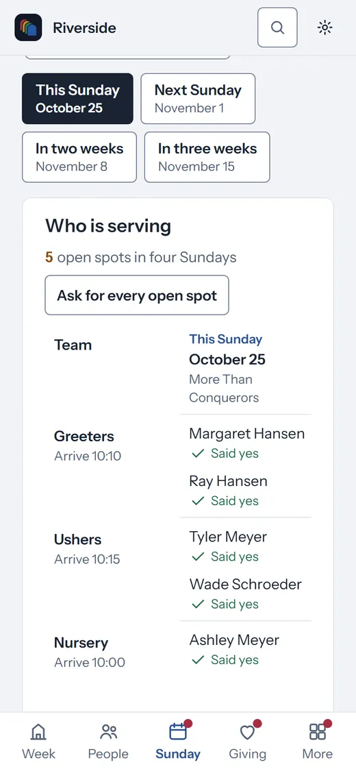 Who is serving this Sunday on a phone, team by team, with who said yes