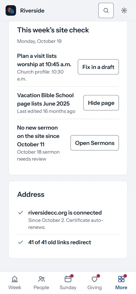 This week’s site check: Plan a visit says worship starts at 10:45 a.m., the church profile says 10:30 a.m., with a Fix it in a draft button