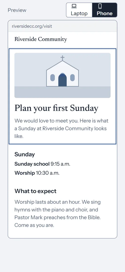 The published Plan a visit page on a phone: Sunday school 9:15 a.m. and worship 10:30 a.m.
