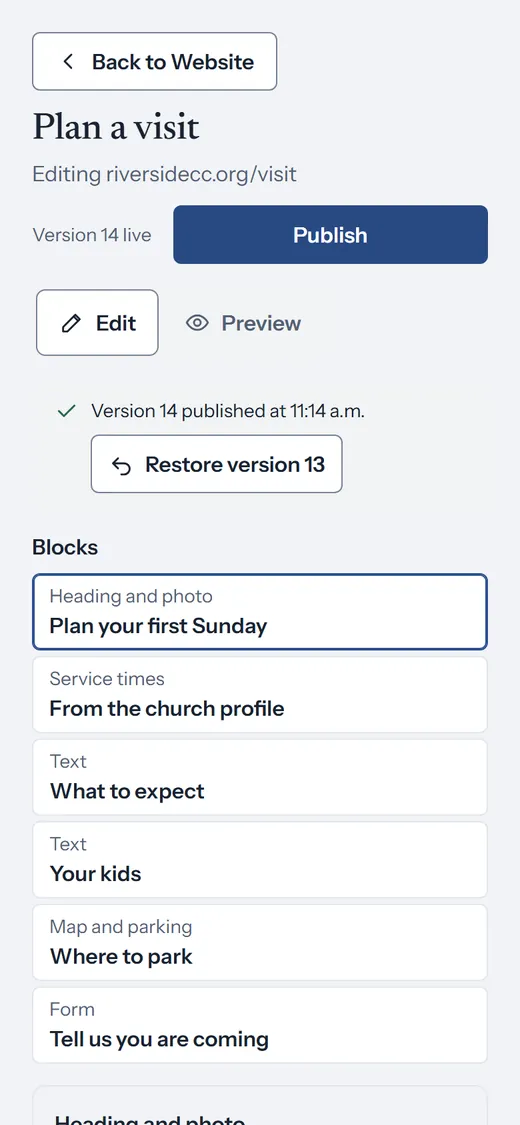 Plan a visit published as version 14 at 11:14 a.m., with the service times block reading from the church profile