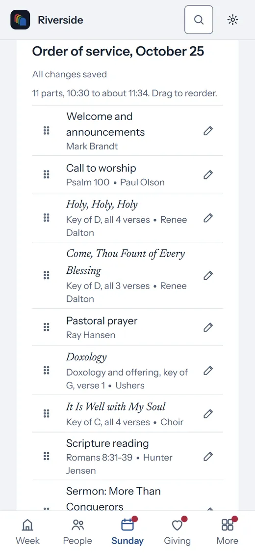 The order of service for October 25 on a phone, with each song’s key and leader