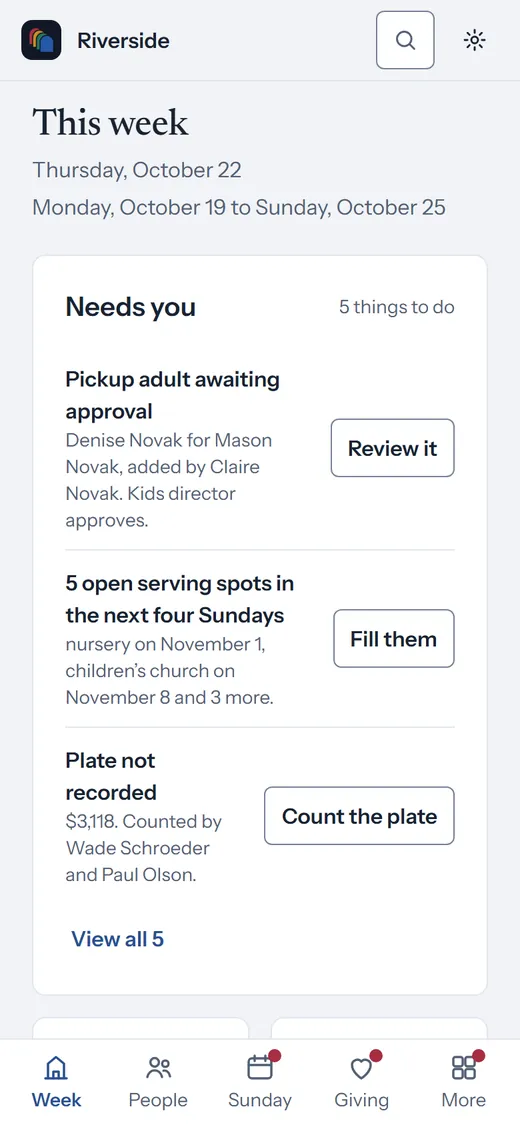 This week in cOS on a phone: a pickup adult to approve, open serving spots and the plate to record