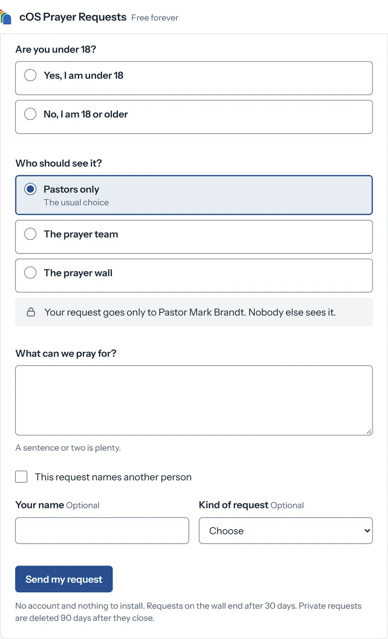 Ask the church to pray: are you under 18, then who should see it, with Pastors only chosen, the prayer team and the prayer wall, and a note that the request goes only to Pastor Mark Brandt