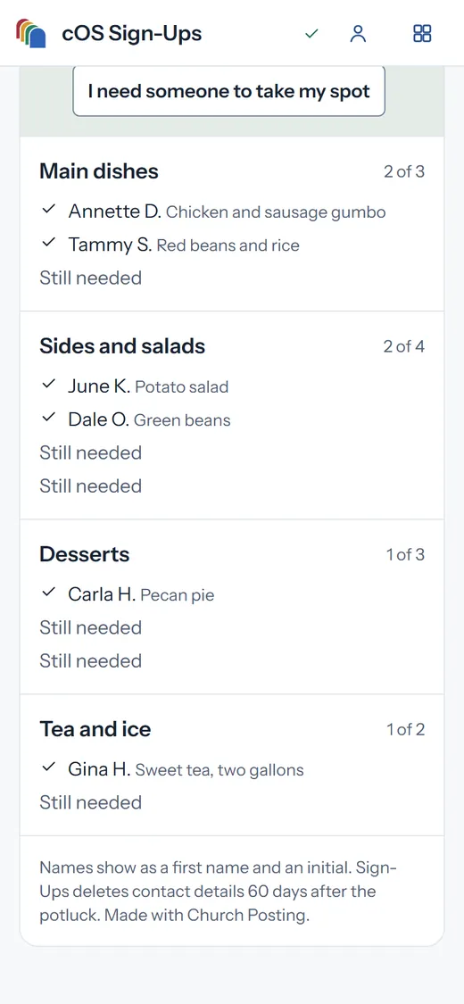 The Fall Fellowship potluck sheet with main dishes, sides and desserts taken and tea and ice still needed