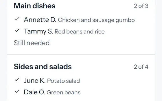 The potluck sheet with main dishes, sides and desserts taken and the spots still needed