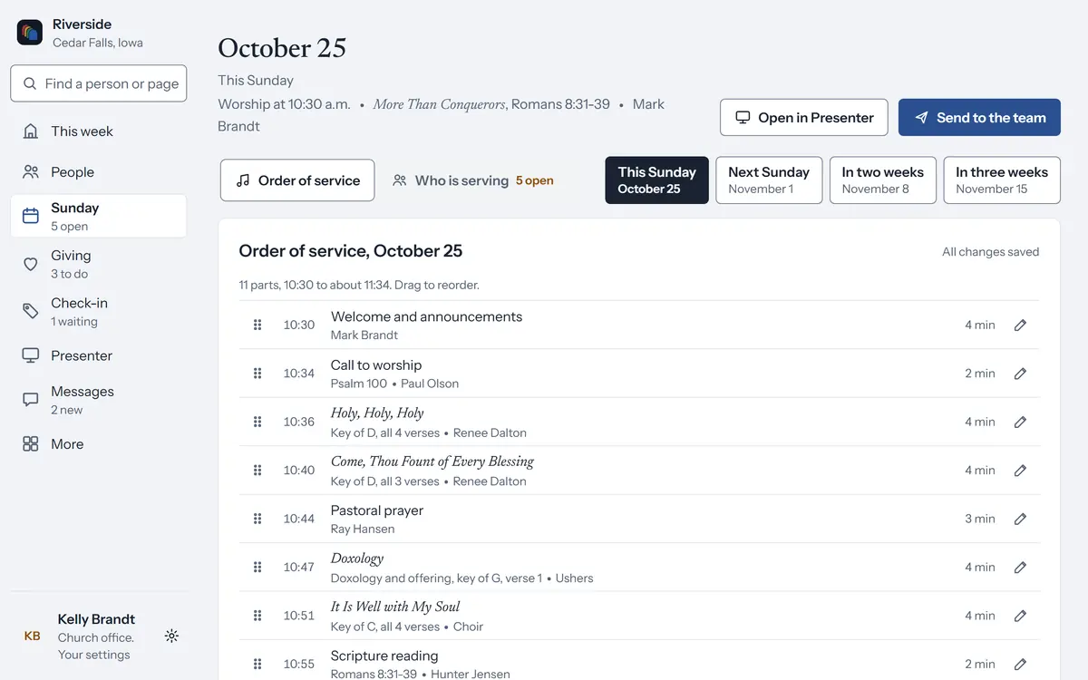 The order of service for Sunday, October 25 in cOS, with each song’s key and leader, and buttons to open it in Presenter and send it to the team