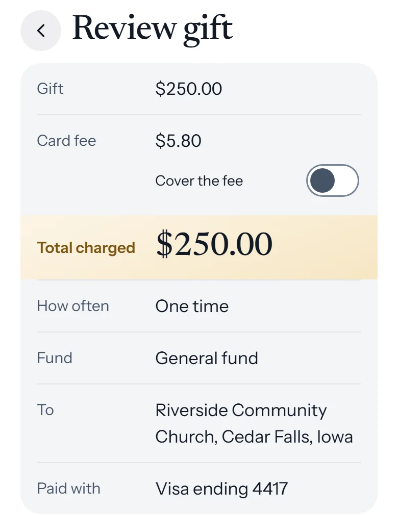 Review gift in Churchgoer: a $250 gift, the giver covering the $5.93 card fee, $255.93 charged
