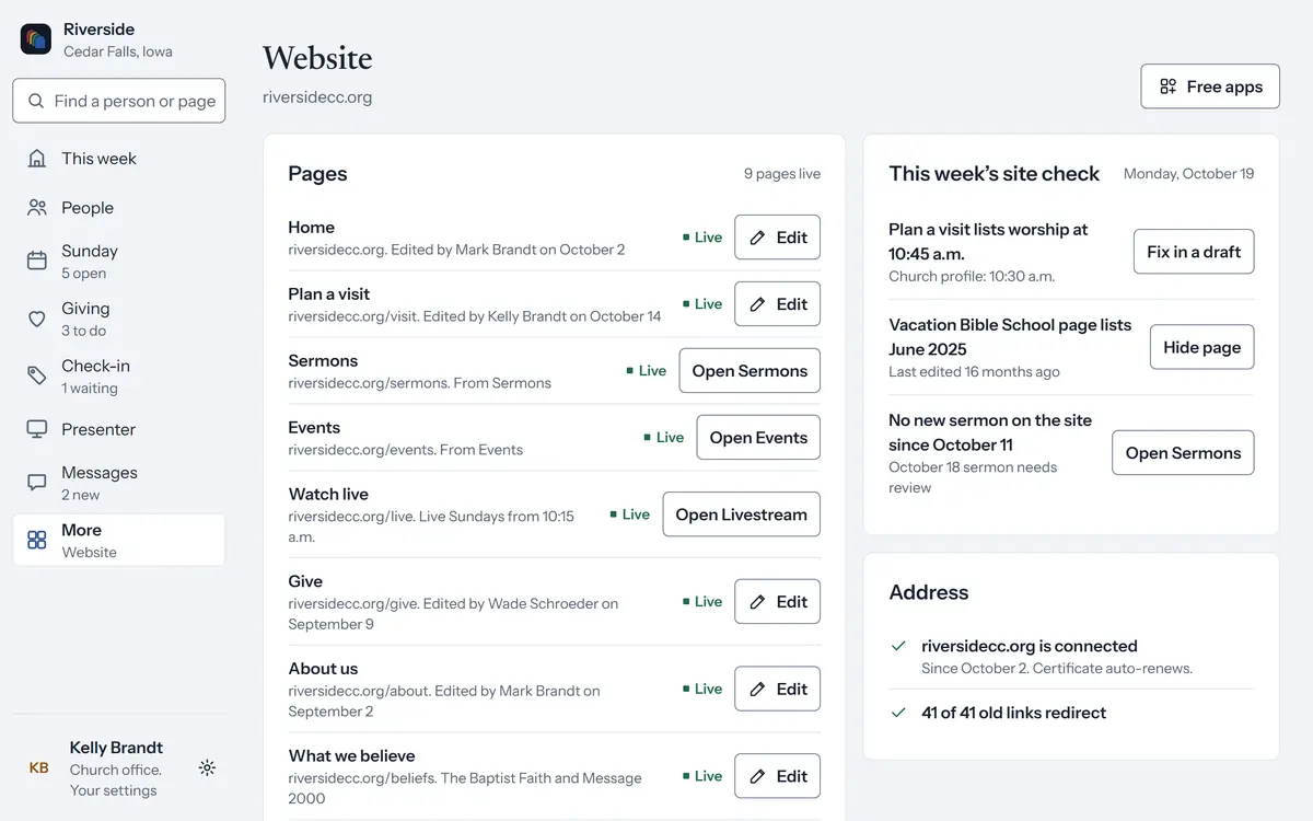 The church website in cOS: every page with its status, and this week’s site check finding that Plan a visit lists worship at 10:45 a.m.