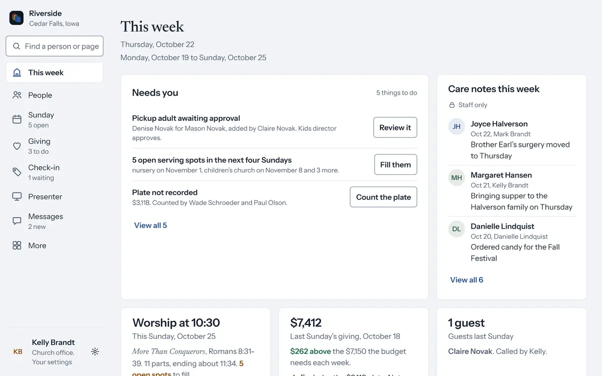 This week in cOS: a pickup adult to approve, five open serving spots and the plate to record, care notes, worship at 10:30 and $7,412 given last Sunday