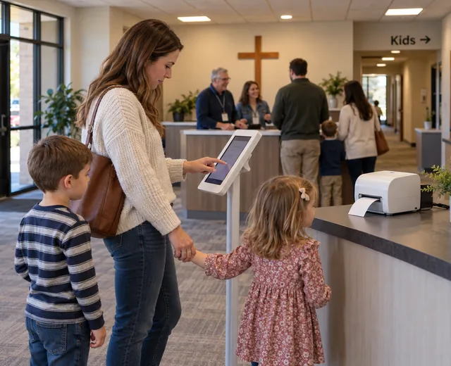 A mother taps the check-in kiosk in a church lobby while her daughter watches a label print